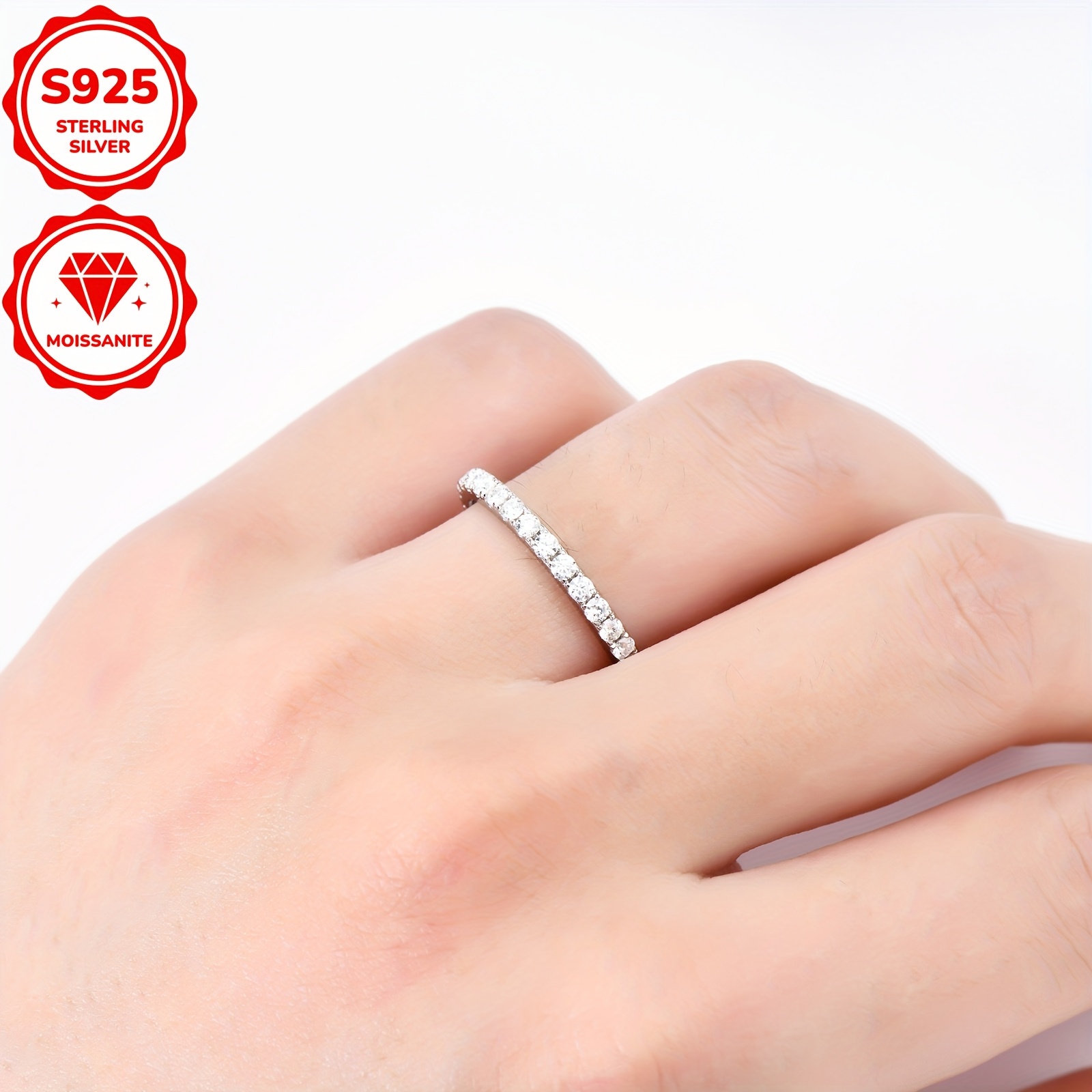 925 Silver Moissanite Stackable Band Ring 2mm 0.03ct Size 4-10